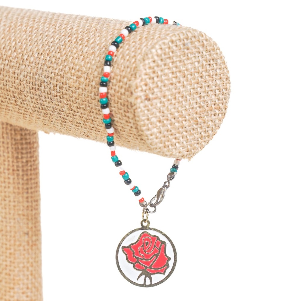 Handmade Beaded Bracelet Rose Flower Floral Pendant Red Green White